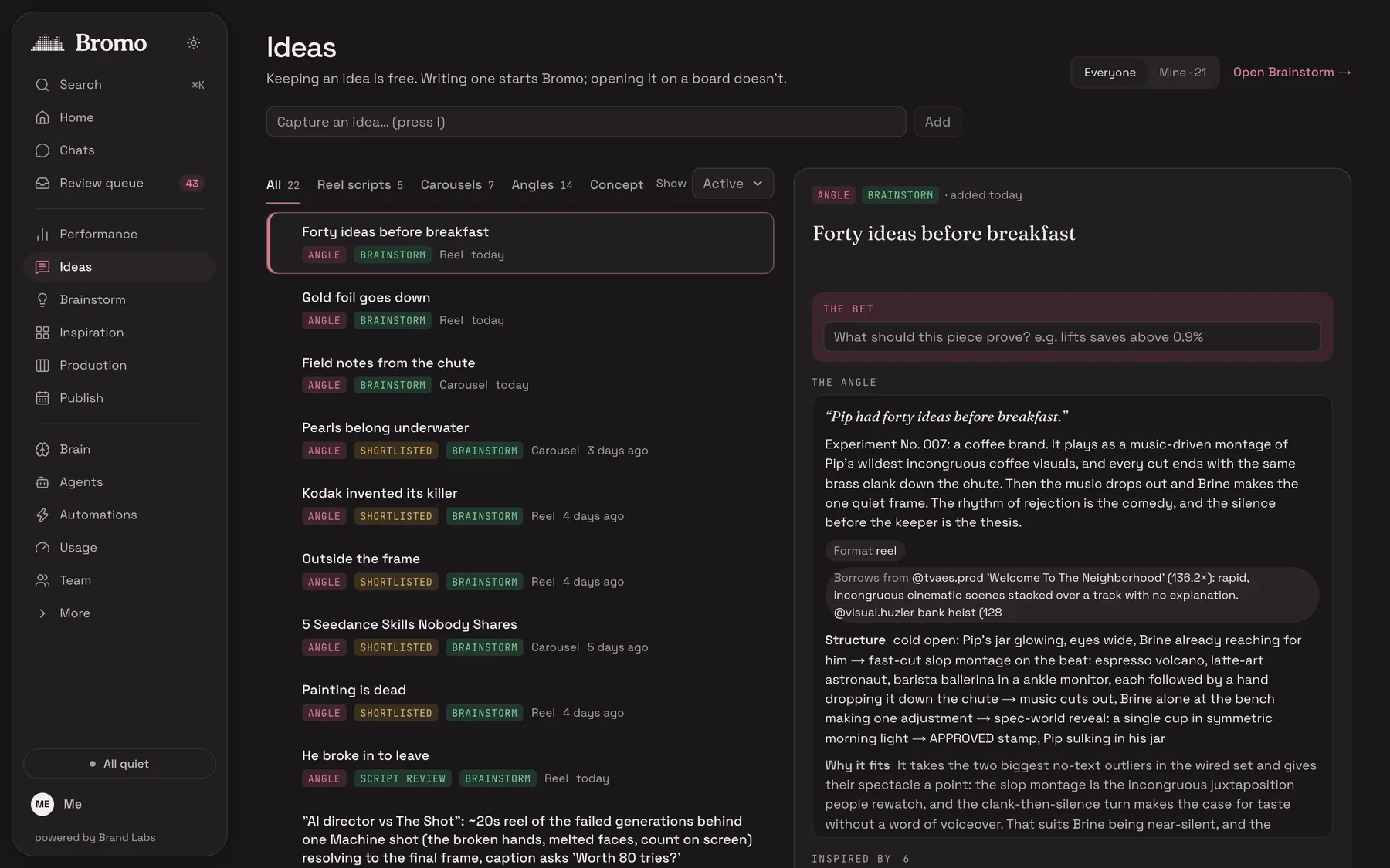 Bromo, Ideas screen