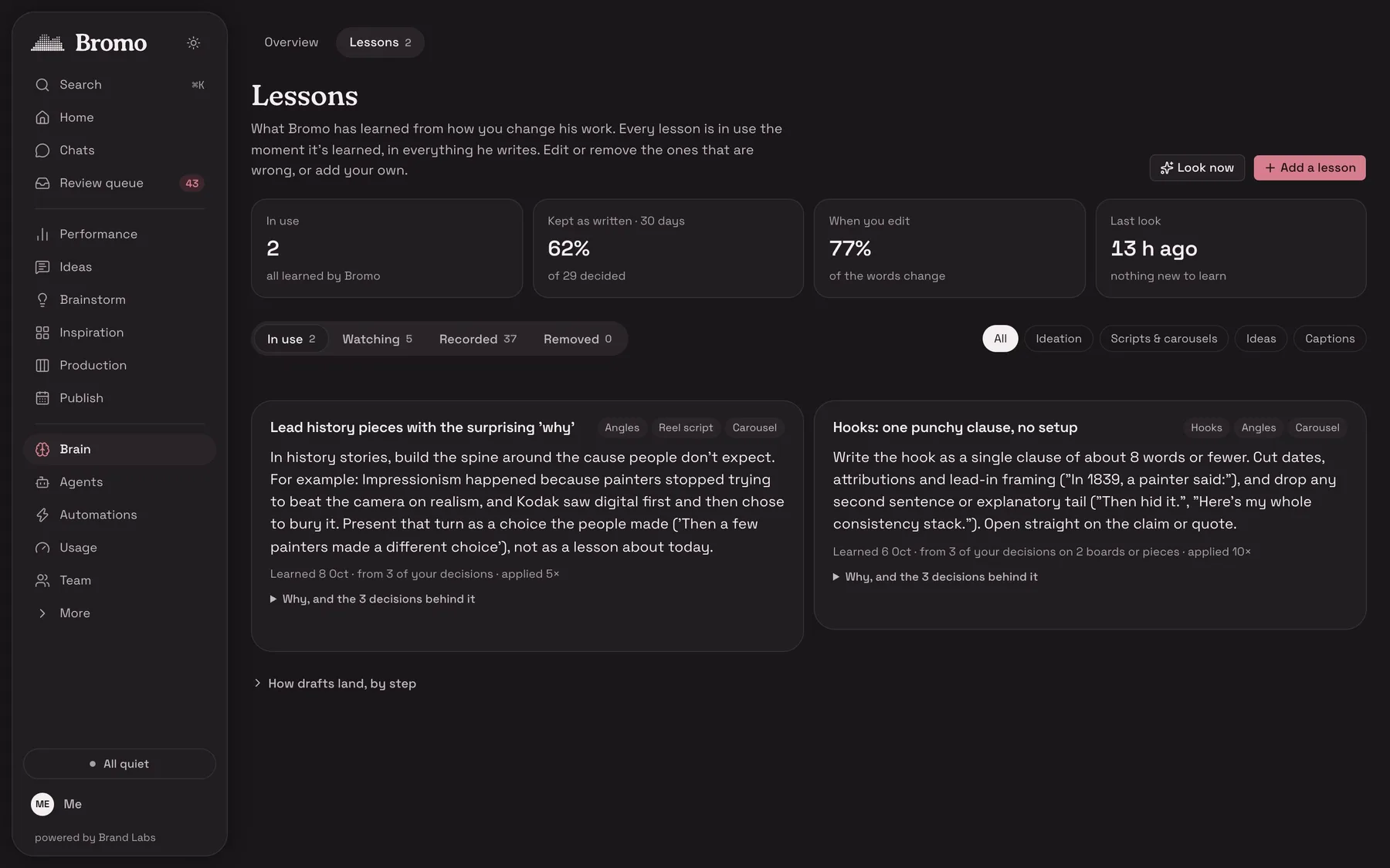 Bromo, Lessons screen
